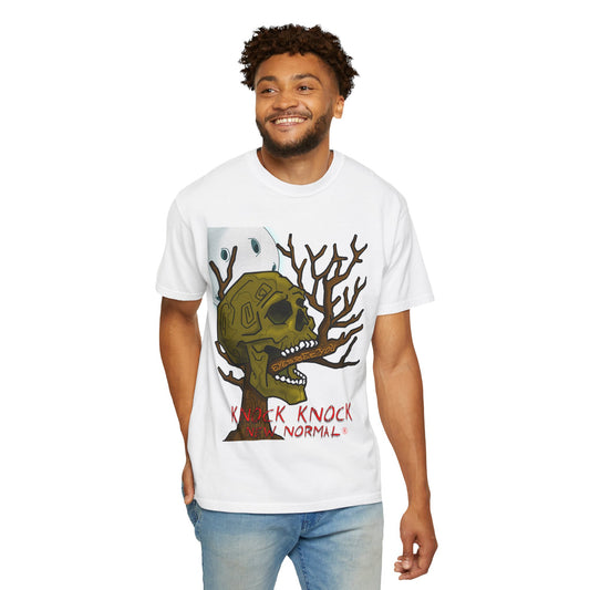 Graphic T‑Shirt — 'Knock Knock New Normal' Skull & Tree Illustration
