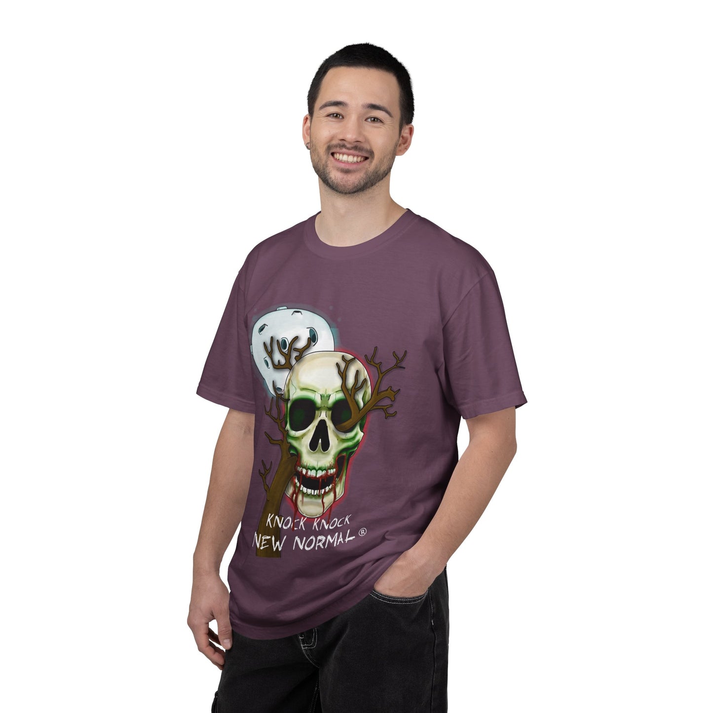Skull Moon T-Shirt — "Knock Knock New Normal" Graphic Tee