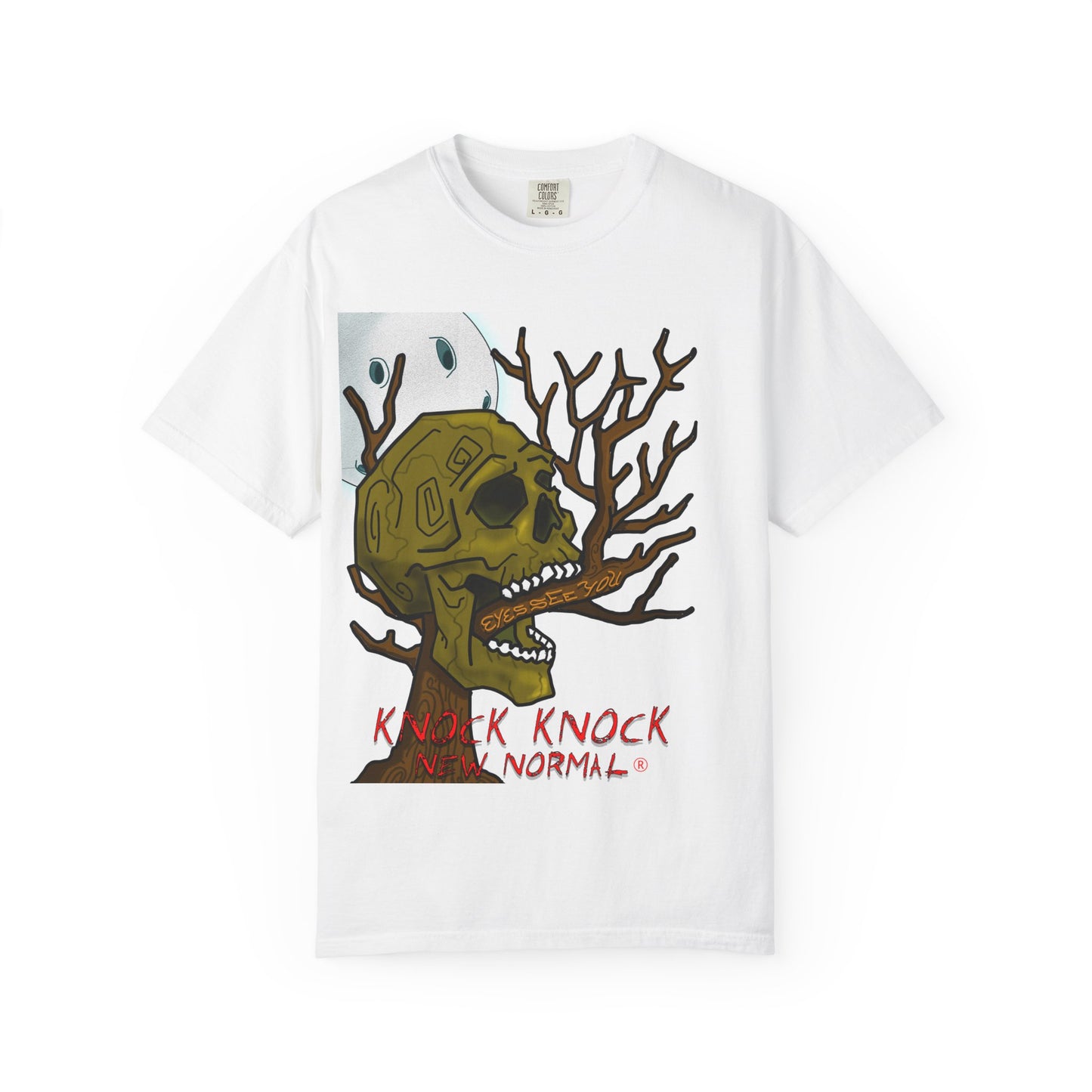 Graphic T‑Shirt — 'Knock Knock New Normal' Skull & Tree Illustration