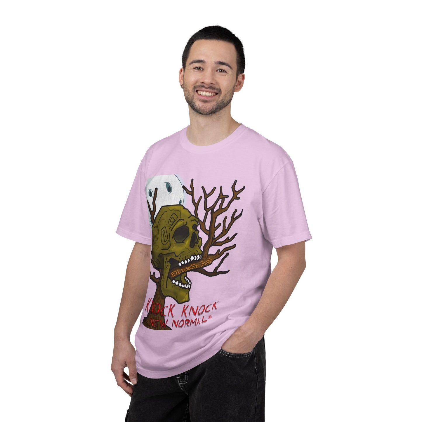Graphic T‑Shirt — 'Knock Knock New Normal' Skull & Tree Illustration