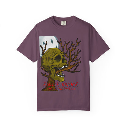 Graphic T‑Shirt — 'Knock Knock New Normal' Skull & Tree Illustration