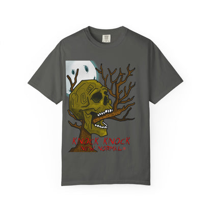 Graphic T‑Shirt — 'Knock Knock New Normal' Skull & Tree Illustration