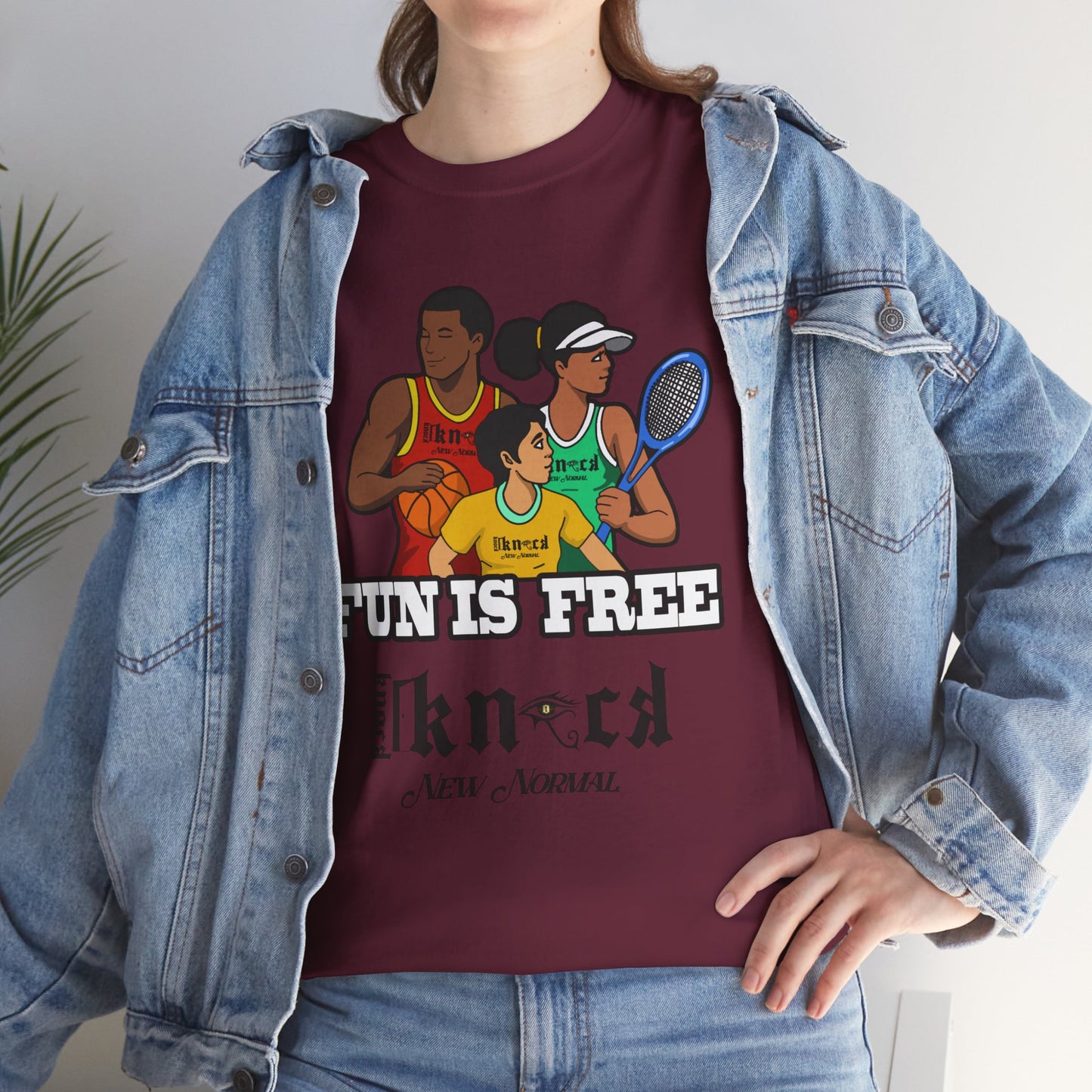 T-Shirt — "Fun Is Free" Sports Graphic Tee (Tennis & Basketball)