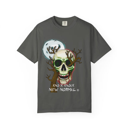 Skull Moon T-Shirt — "Knock Knock New Normal" Graphic Tee