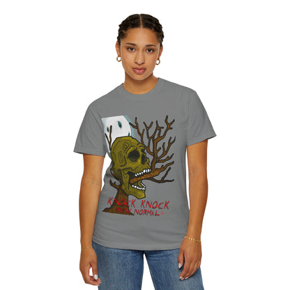 Graphic T‑Shirt — 'Knock Knock New Normal' Skull & Tree Illustration