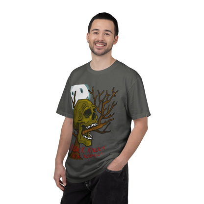Graphic T‑Shirt — 'Knock Knock New Normal' Skull & Tree Illustration