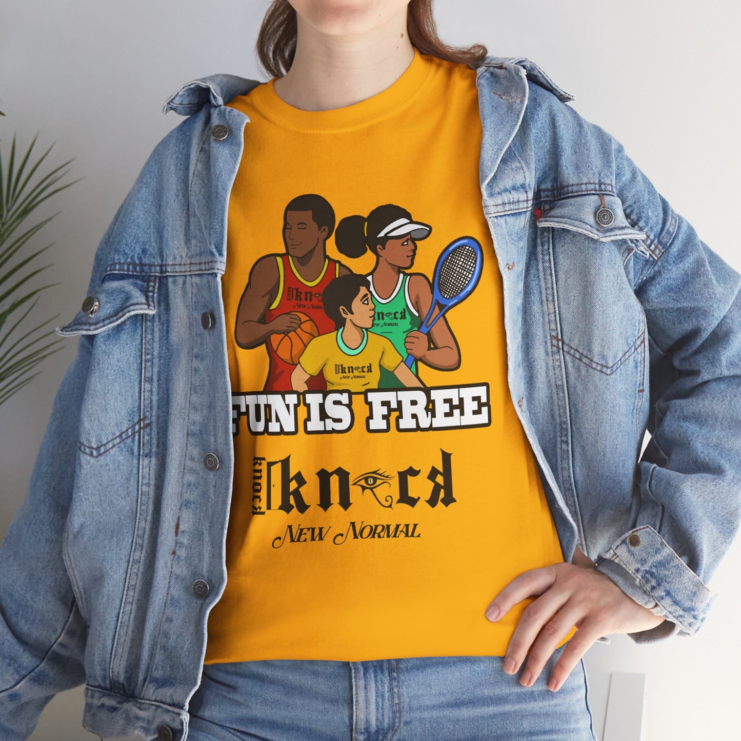 T-Shirt — "Fun Is Free" Sports Graphic Tee (Tennis & Basketball)