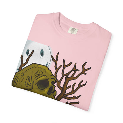Graphic T‑Shirt — 'Knock Knock New Normal' Skull & Tree Illustration