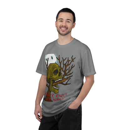 Graphic T‑Shirt — 'Knock Knock New Normal' Skull & Tree Illustration