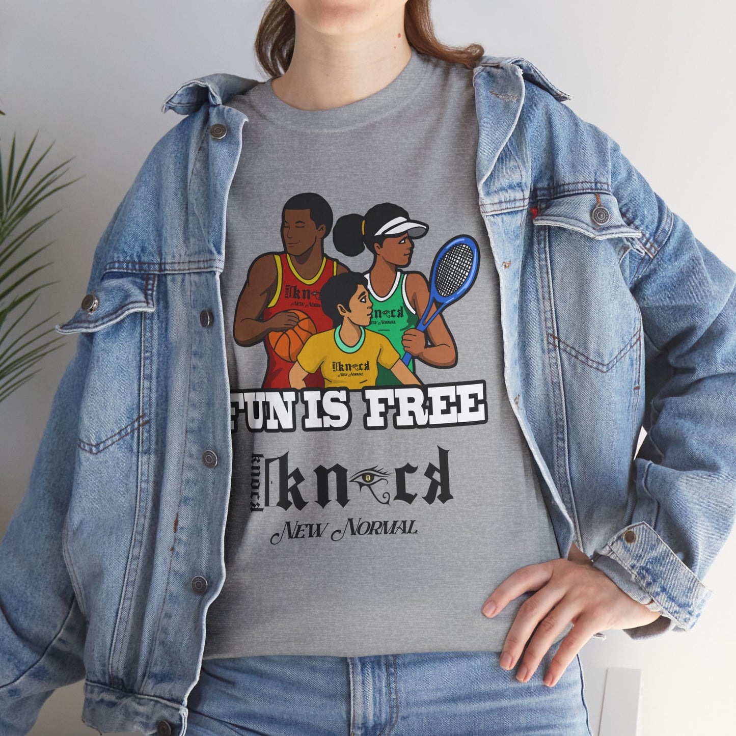 T-Shirt — "Fun Is Free" Sports Graphic Tee (Tennis & Basketball)