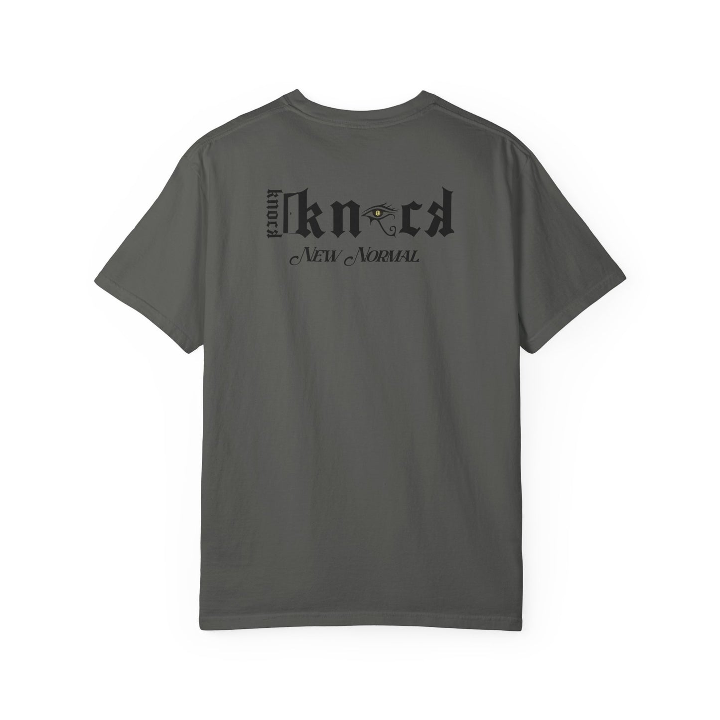 Graphic T‑Shirt — 'Knock Knock New Normal' Skull & Tree Illustration