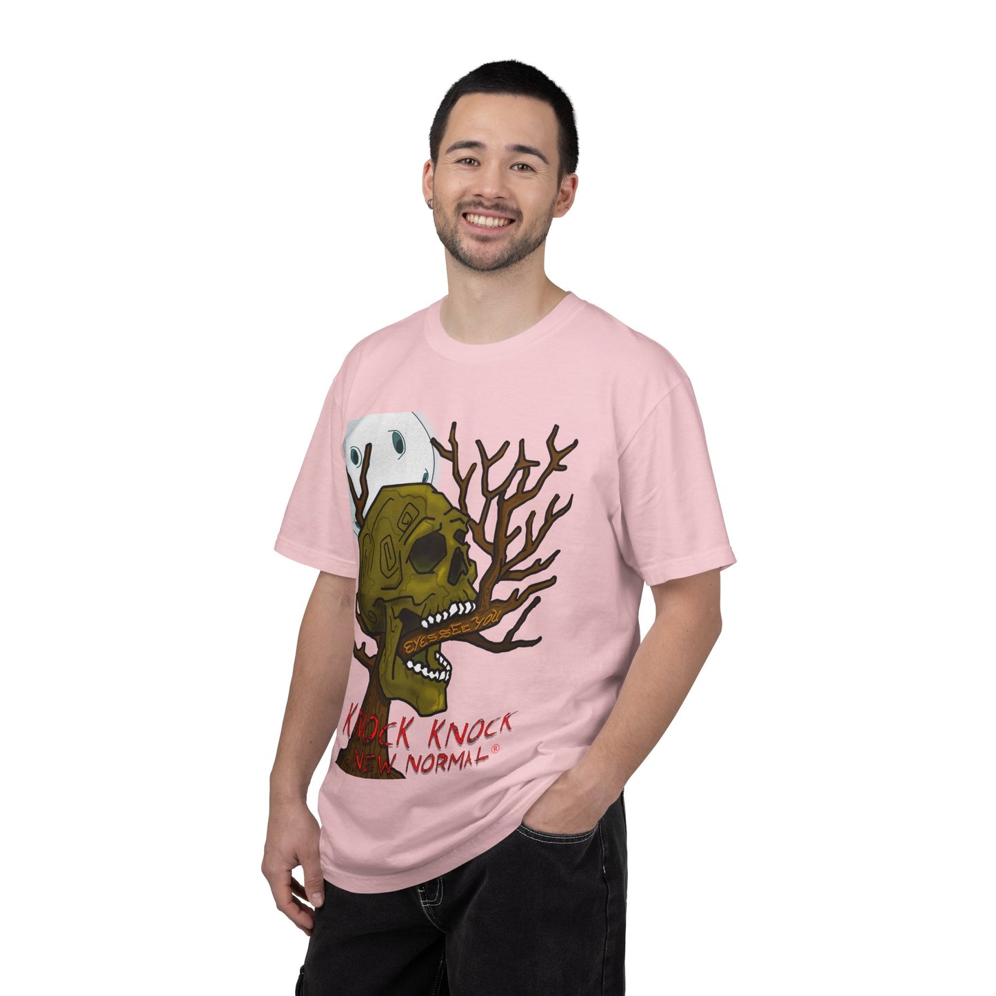 Graphic T‑Shirt — 'Knock Knock New Normal' Skull & Tree Illustration