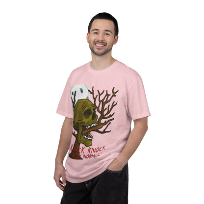 Graphic T‑Shirt — 'Knock Knock New Normal' Skull & Tree Illustration
