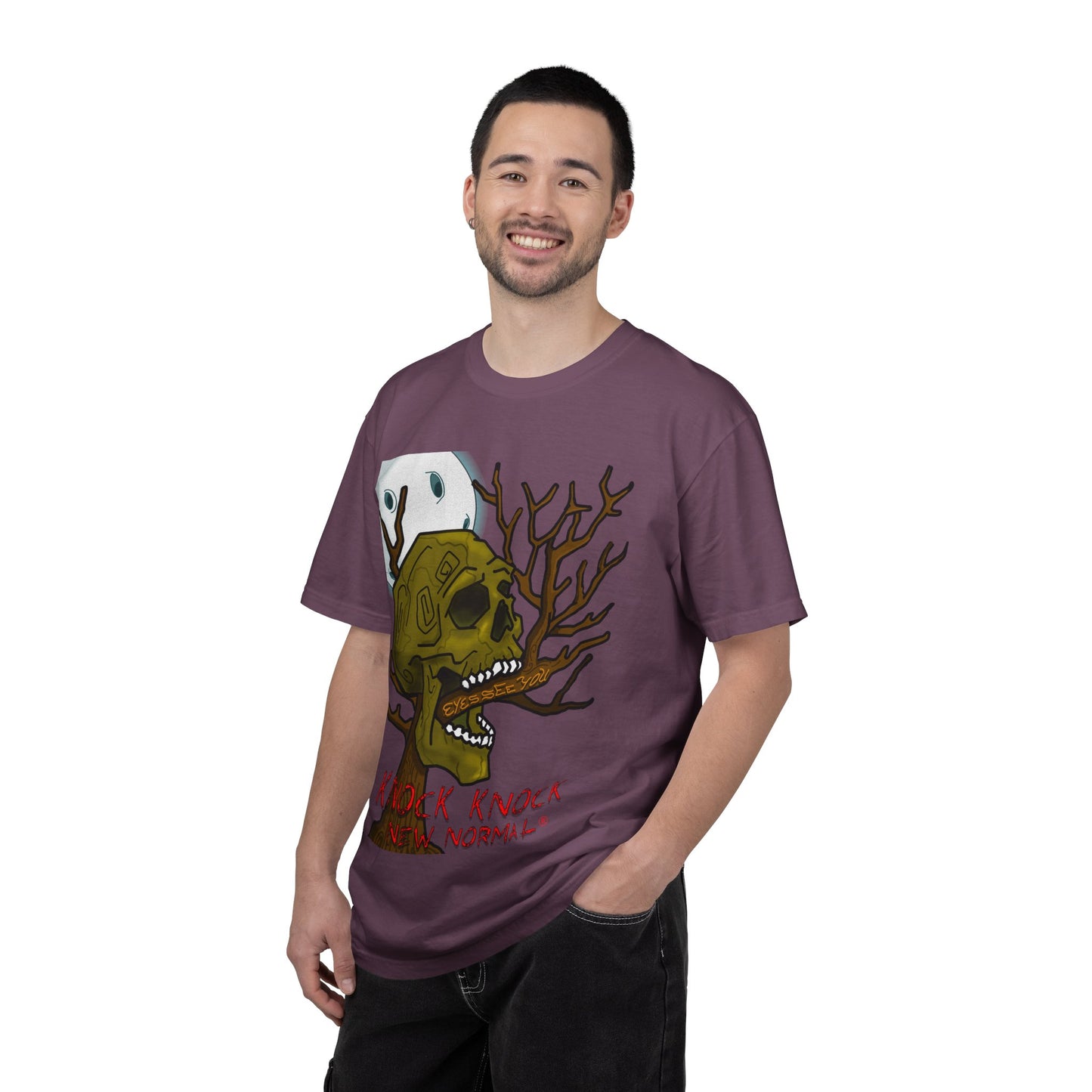 Graphic T‑Shirt — 'Knock Knock New Normal' Skull & Tree Illustration