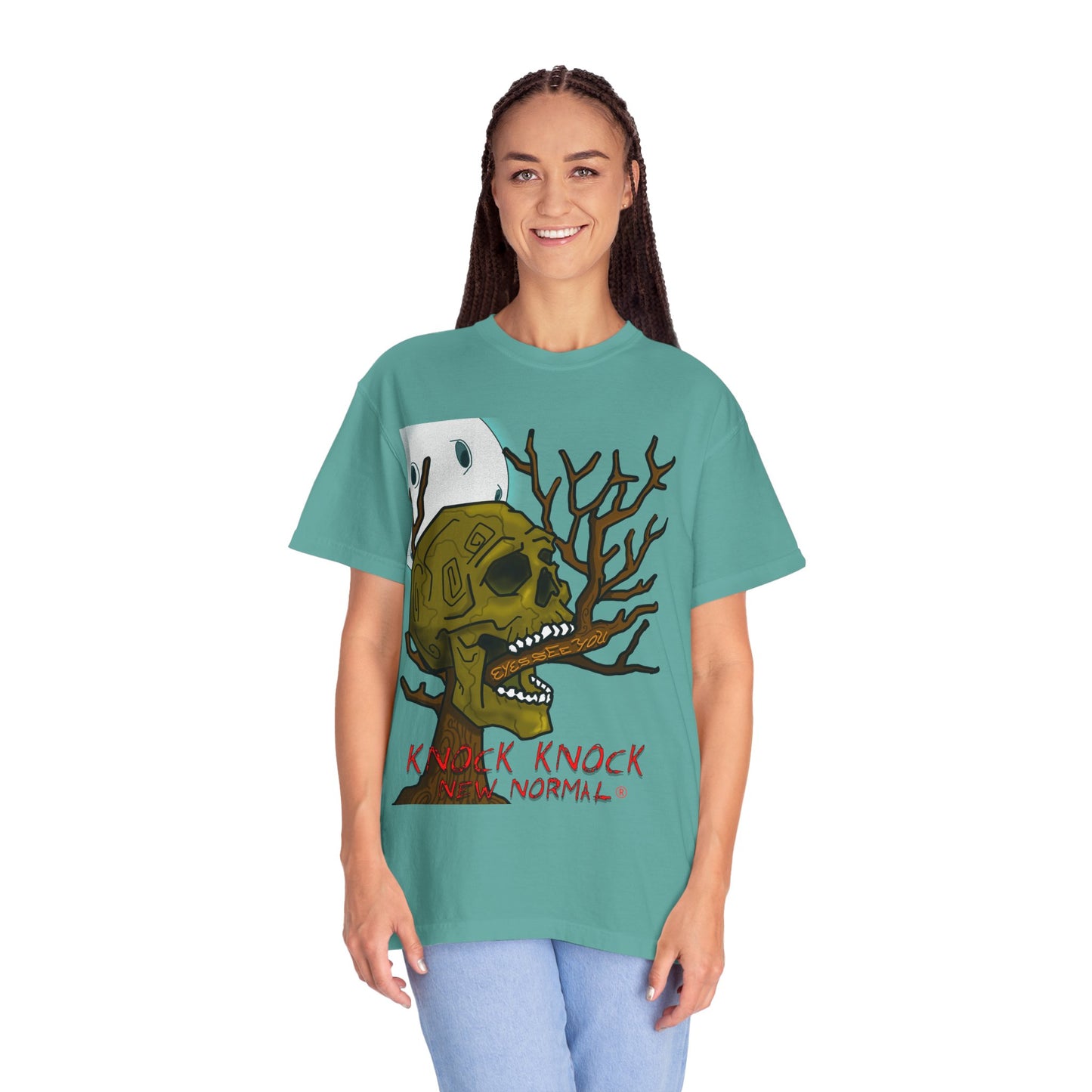 Graphic T‑Shirt — 'Knock Knock New Normal' Skull & Tree Illustration