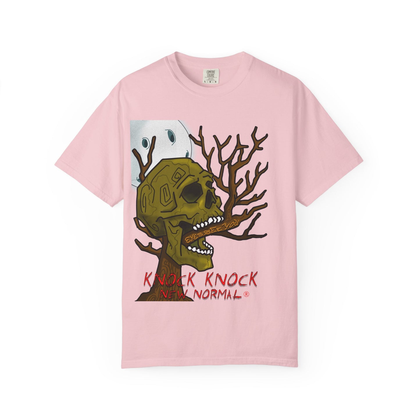 Graphic T‑Shirt — 'Knock Knock New Normal' Skull & Tree Illustration