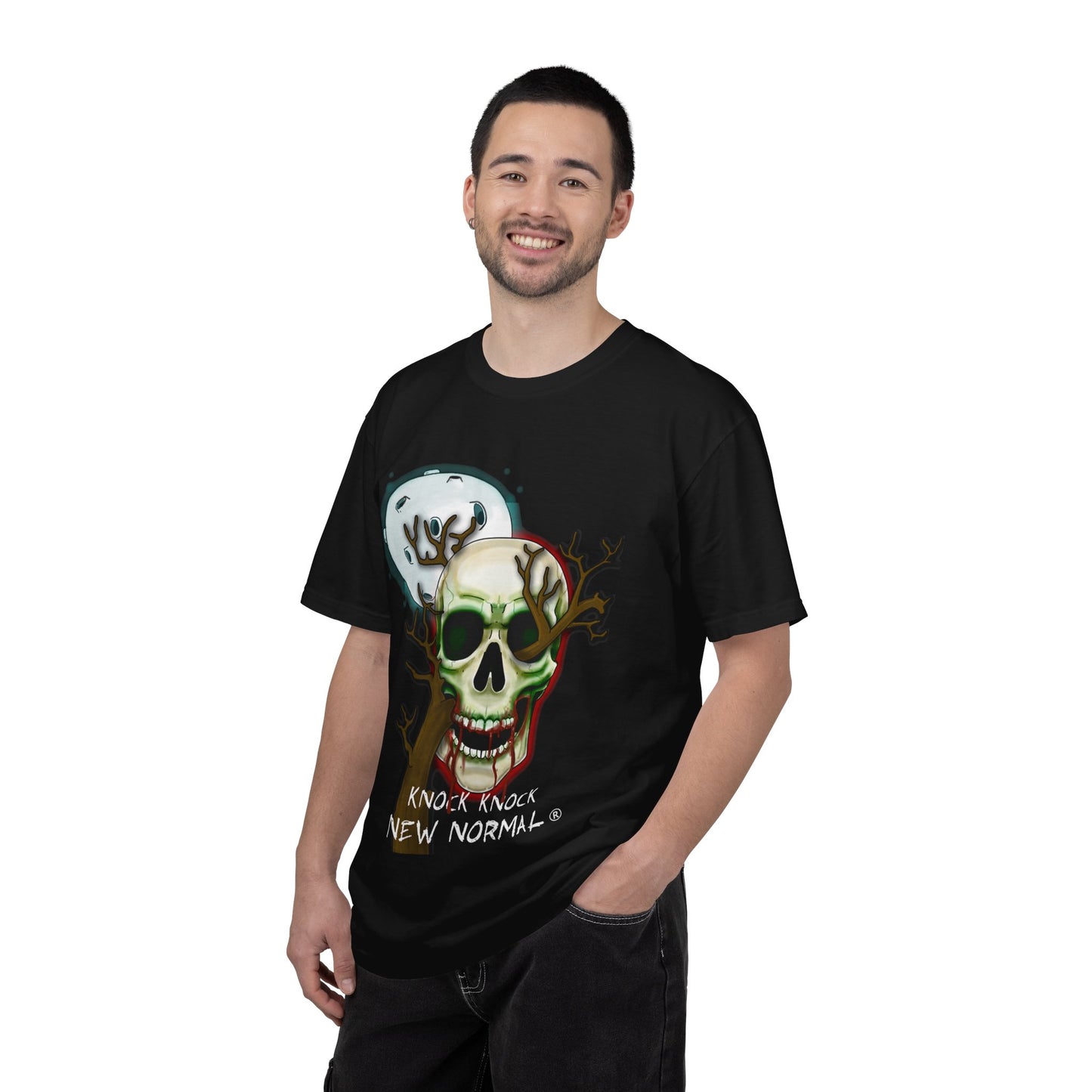 Skull Moon T-Shirt — "Knock Knock New Normal" Graphic Tee