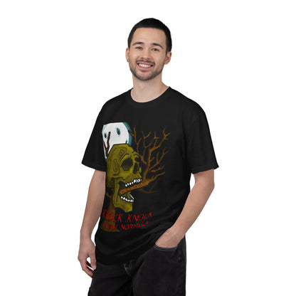 Graphic T‑Shirt — 'Knock Knock New Normal' Skull & Tree Illustration