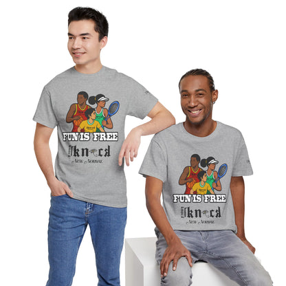 T-Shirt — "Fun Is Free" Sports Graphic Tee (Tennis & Basketball)