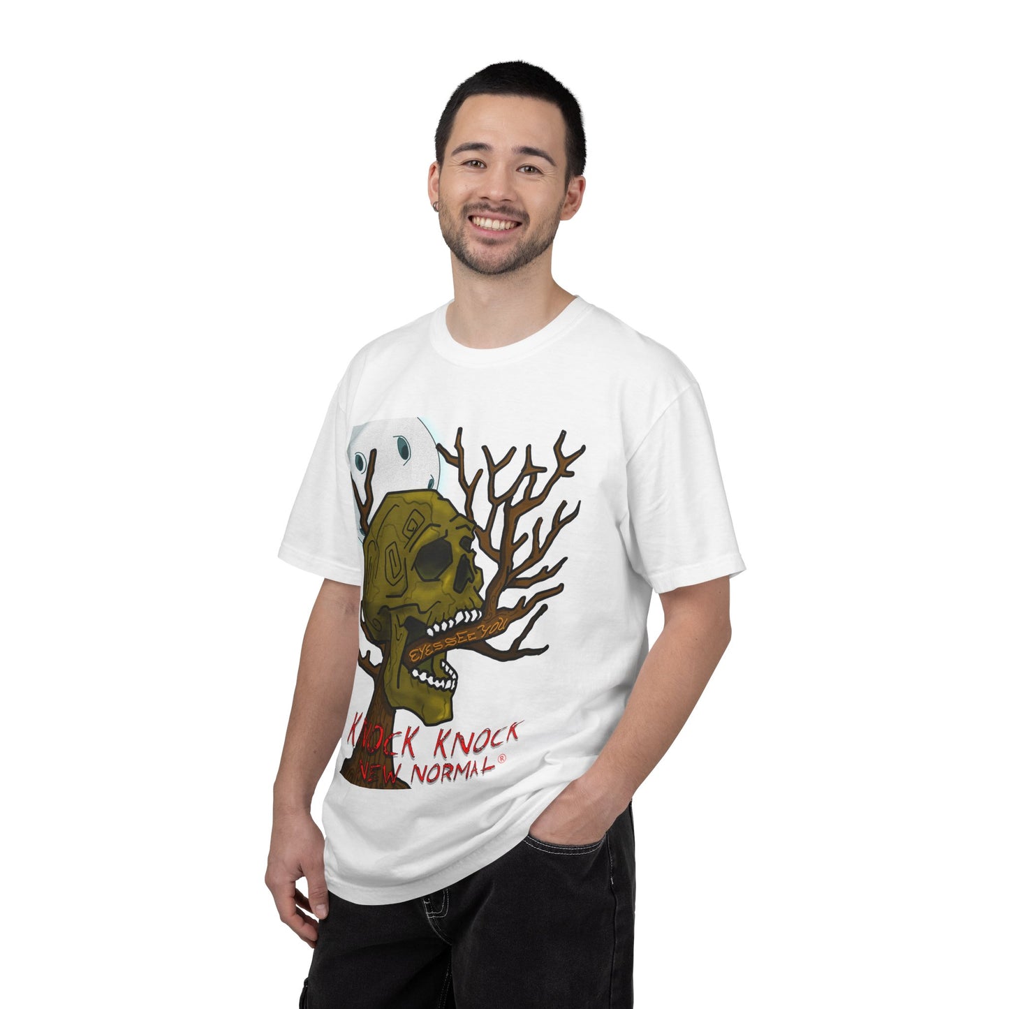 Graphic T‑Shirt — 'Knock Knock New Normal' Skull & Tree Illustration