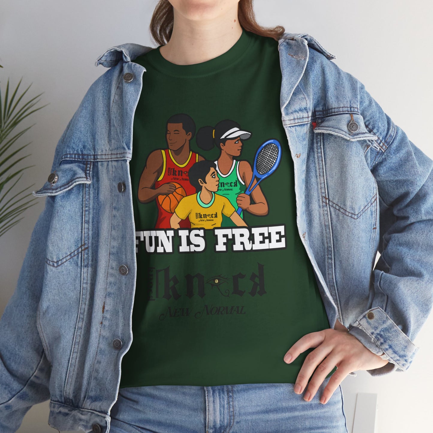 T-Shirt — "Fun Is Free" Sports Graphic Tee (Tennis & Basketball)