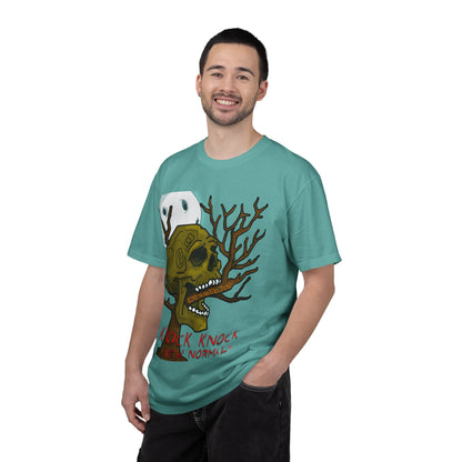 Graphic T‑Shirt — 'Knock Knock New Normal' Skull & Tree Illustration