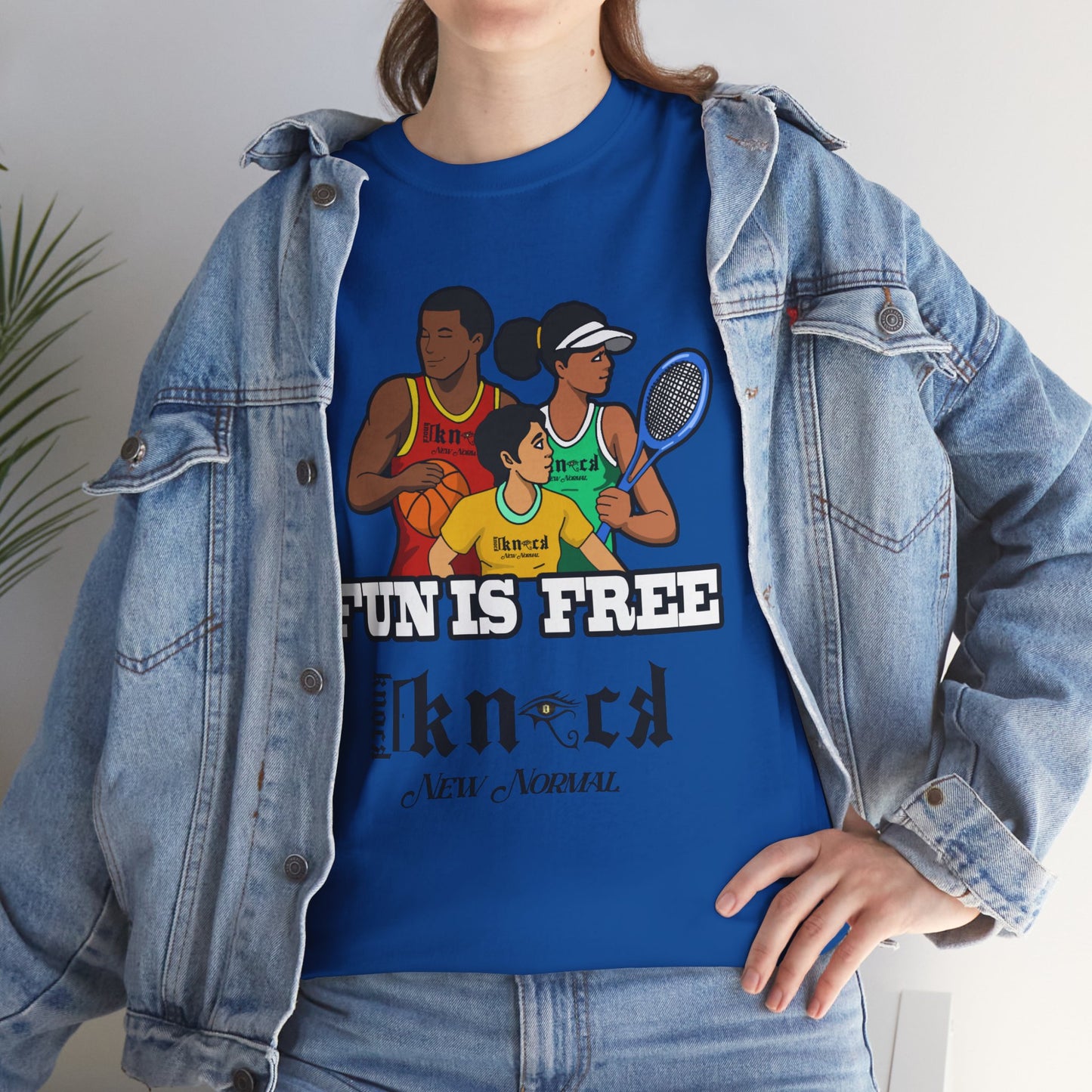 T-Shirt — "Fun Is Free" Sports Graphic Tee (Tennis & Basketball)