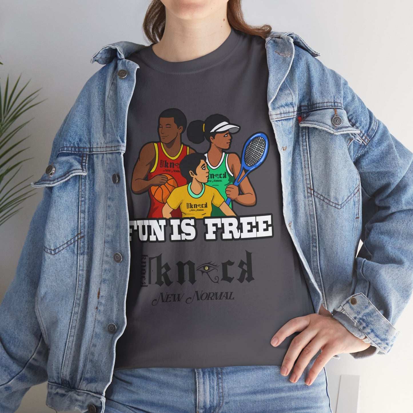 T-Shirt — "Fun Is Free" Sports Graphic Tee (Tennis & Basketball)
