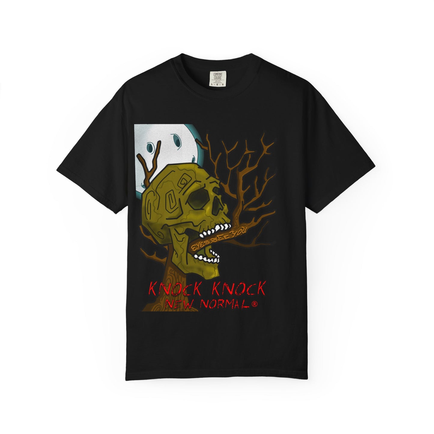 Graphic T‑Shirt — 'Knock Knock New Normal' Skull & Tree Illustration