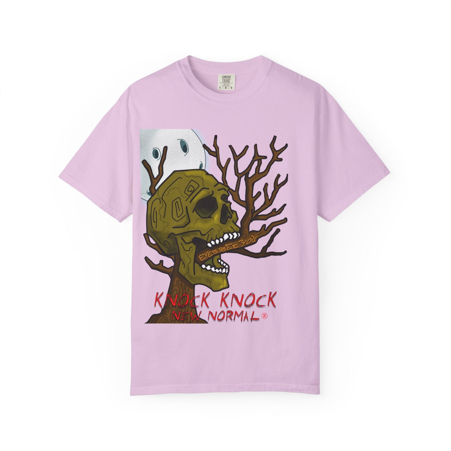 Graphic T‑Shirt — 'Knock Knock New Normal' Skull & Tree Illustration