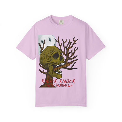 Graphic T‑Shirt — 'Knock Knock New Normal' Skull & Tree Illustration