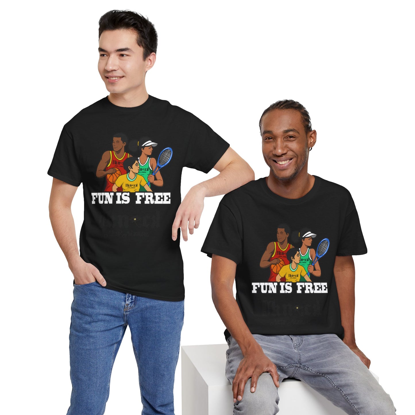 T-Shirt — "Fun Is Free" Sports Graphic Tee (Tennis & Basketball)