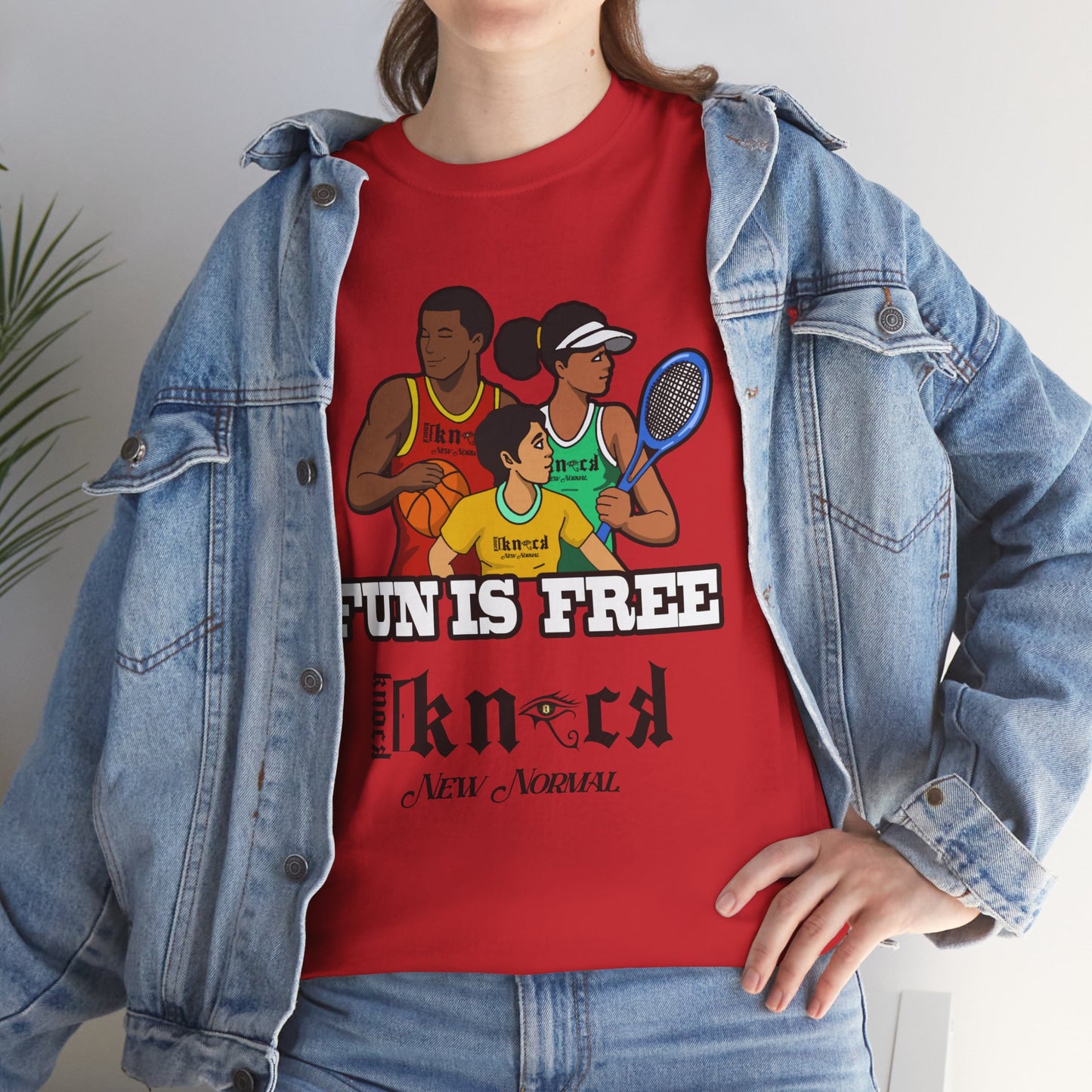 T-Shirt — "Fun Is Free" Sports Graphic Tee (Tennis & Basketball)
