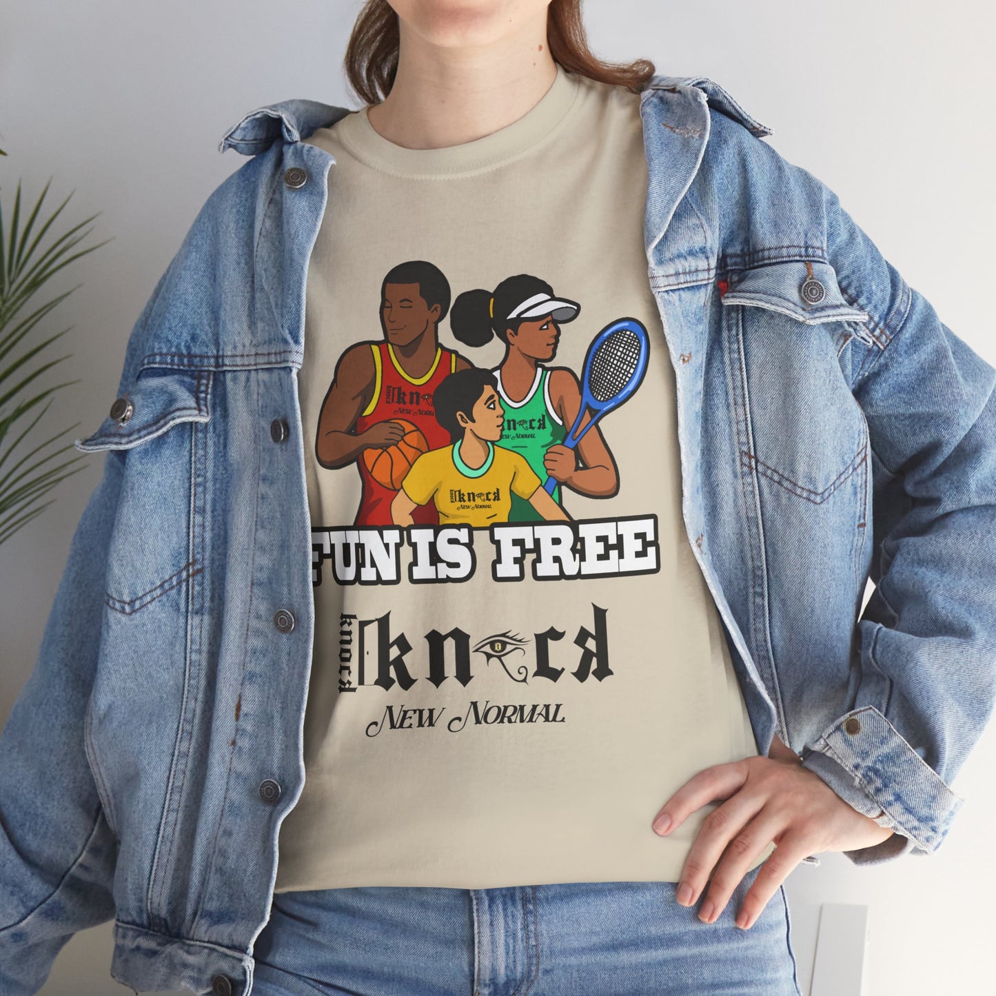 T-Shirt — "Fun Is Free" Sports Graphic Tee (Tennis & Basketball)