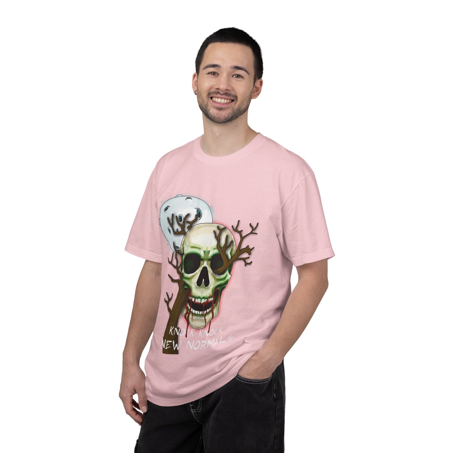 Skull Moon T-Shirt — "Knock Knock New Normal" Graphic Tee