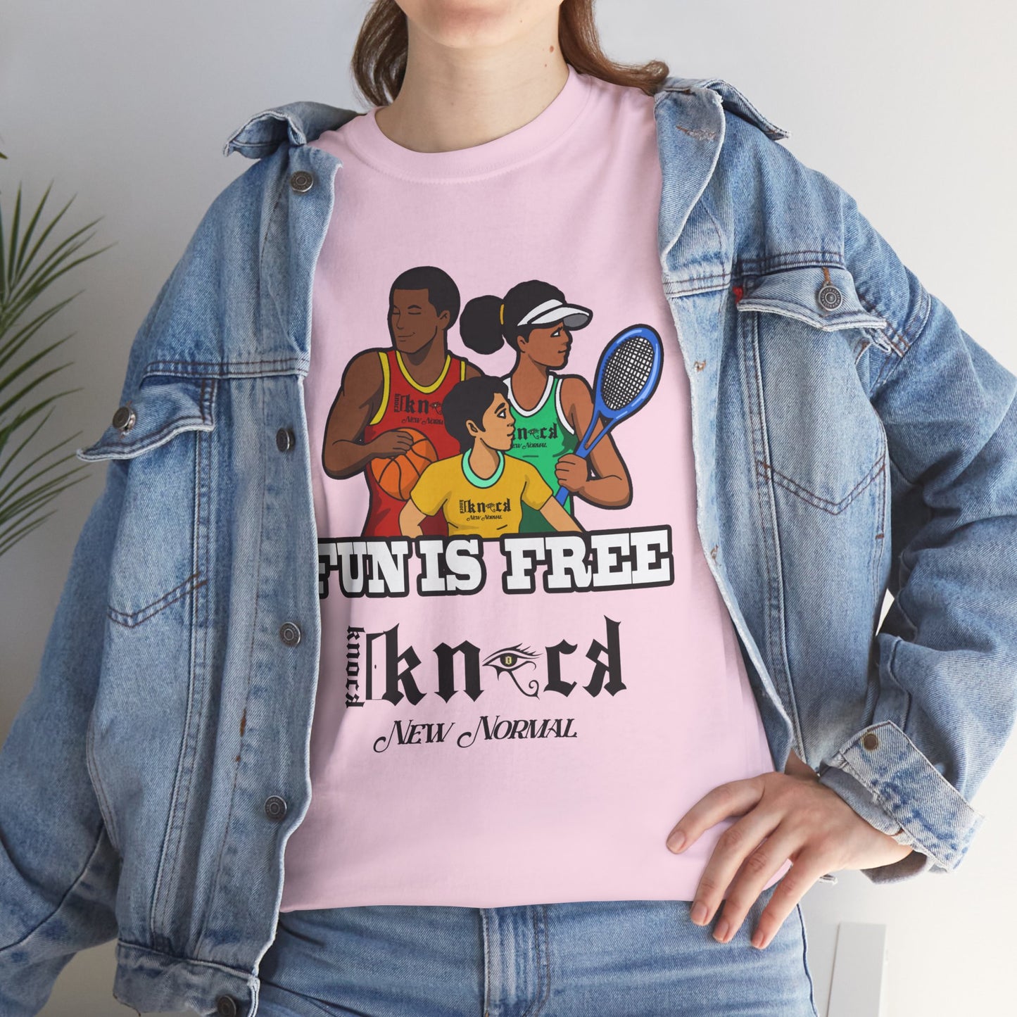 T-Shirt — "Fun Is Free" Sports Graphic Tee (Tennis & Basketball)