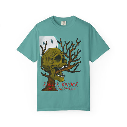 Graphic T‑Shirt — 'Knock Knock New Normal' Skull & Tree Illustration
