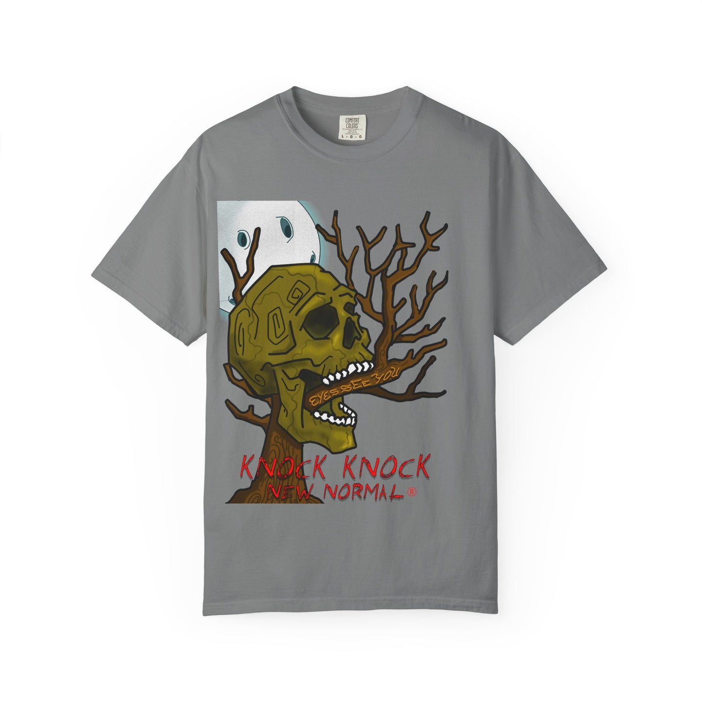 Graphic T‑Shirt — 'Knock Knock New Normal' Skull & Tree Illustration