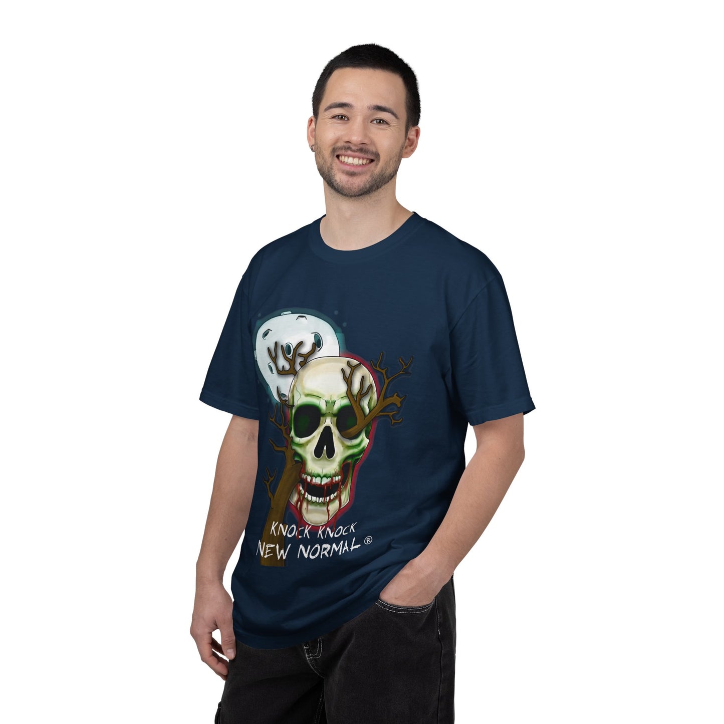 Skull Moon T-Shirt — "Knock Knock New Normal" Graphic Tee