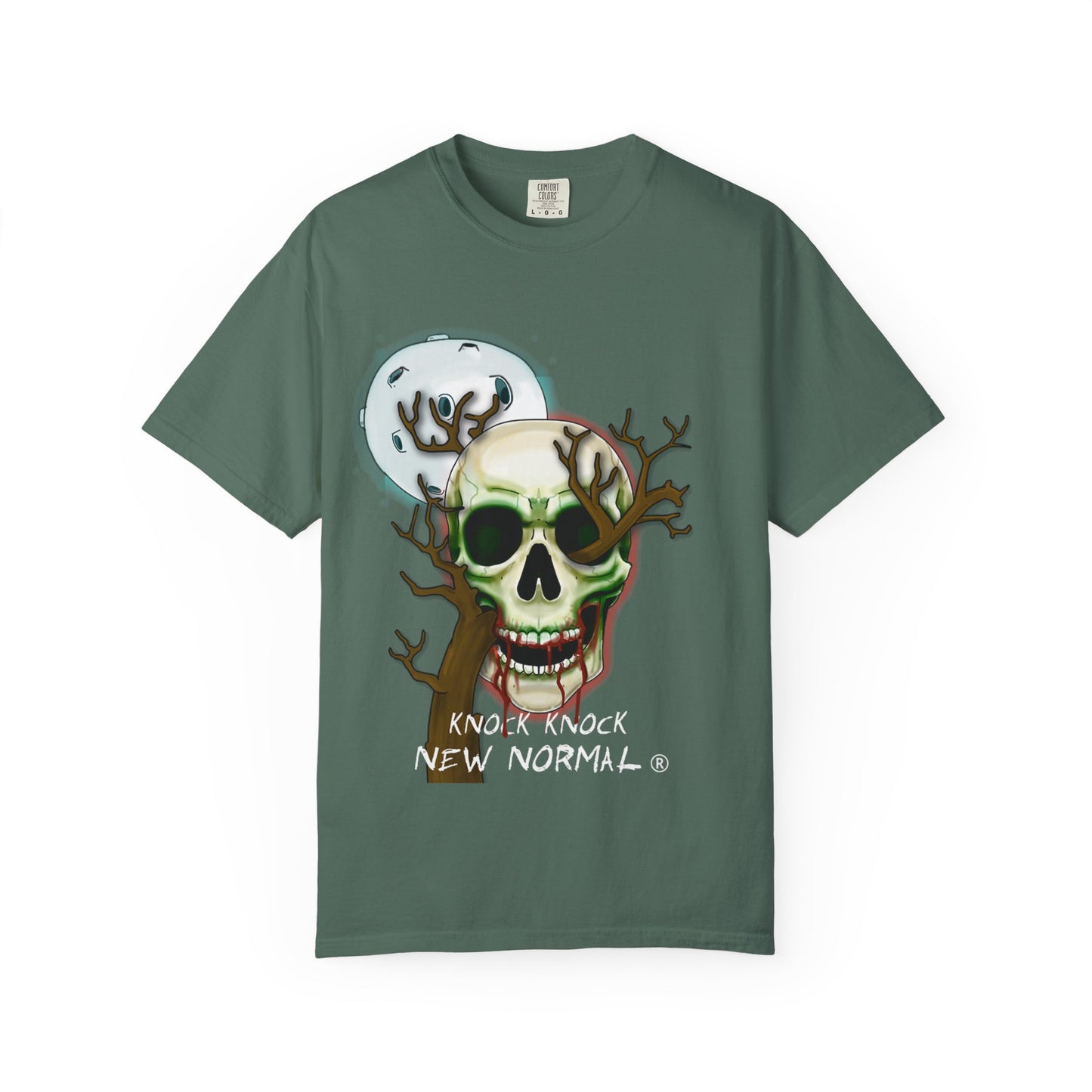 Skull Moon T-Shirt — "Knock Knock New Normal" Graphic Tee