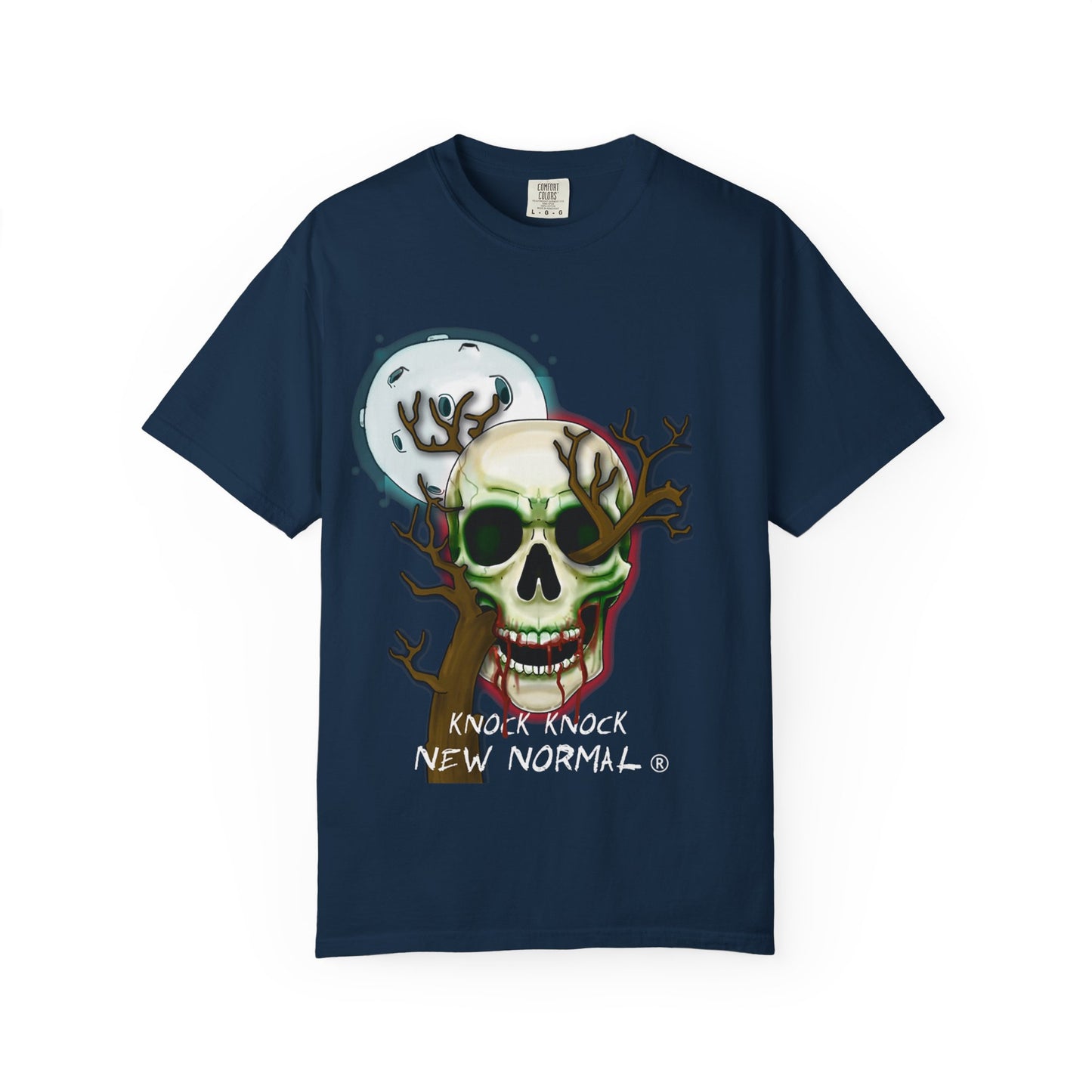 Skull Moon T-Shirt — "Knock Knock New Normal" Graphic Tee